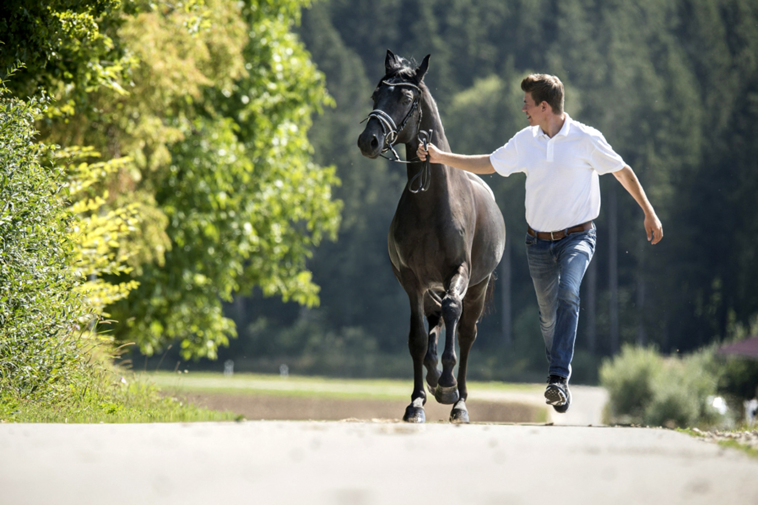 Trainer rennt mit Pferd